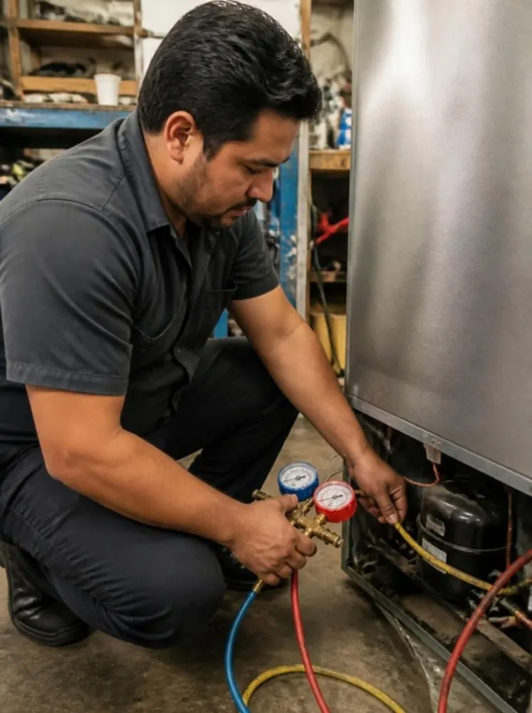 Técnico da Thander fazendo manutenção em uma geladeira com manômetro